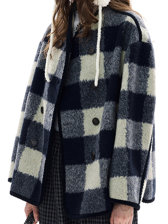 Plaid No-collar Wool Coat