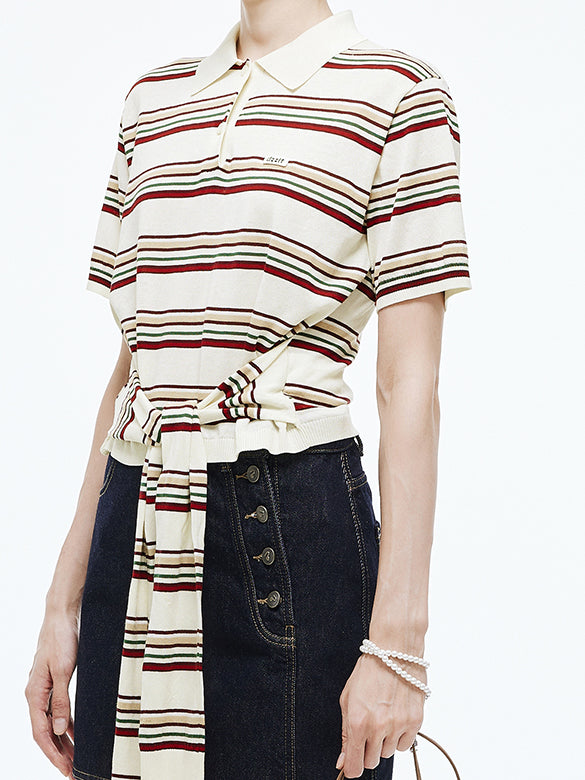 Retro Color Stripe Design Polo Knit