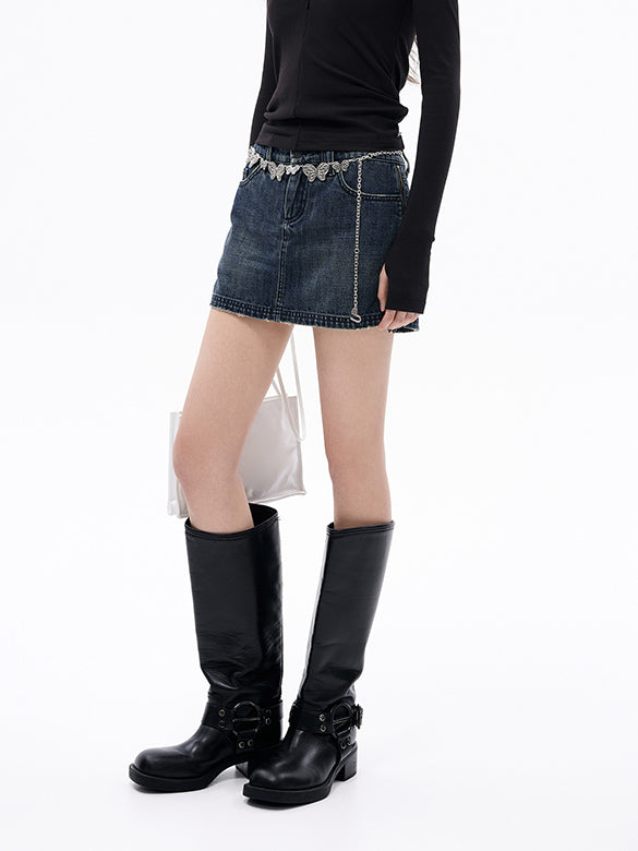 Side Zipper Denim Skirt-Pants