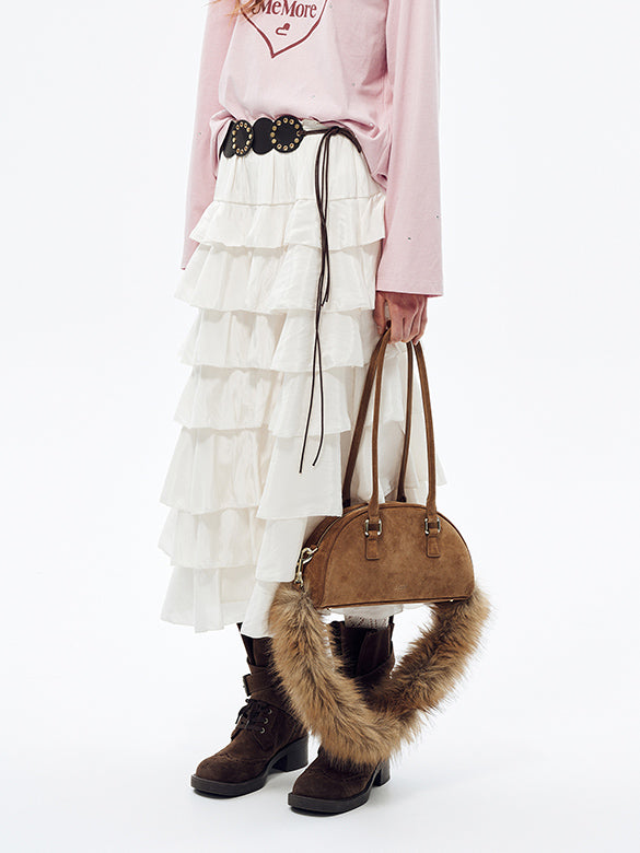 Satin Tiered Belted Skirt