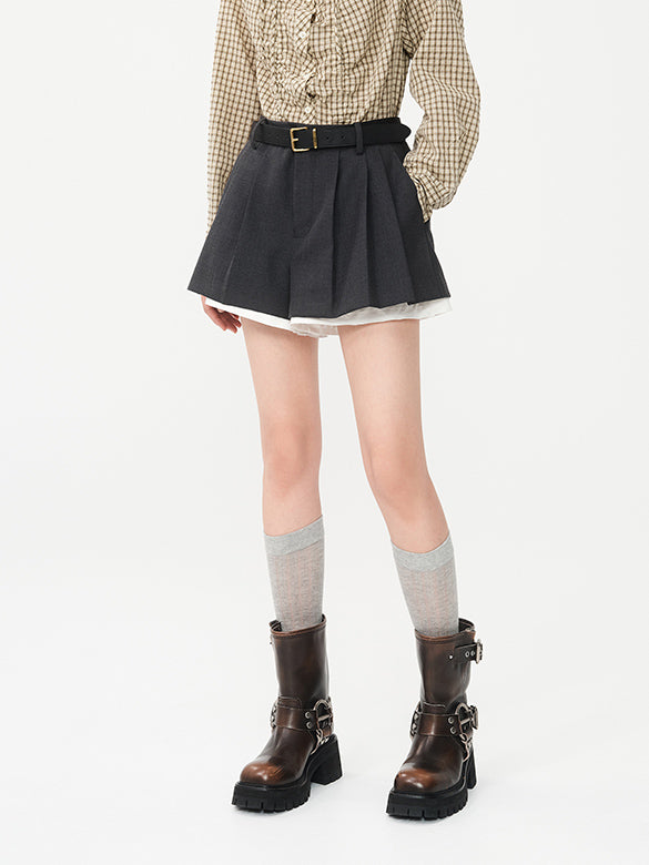Combination Belted Pleats Short Pants
