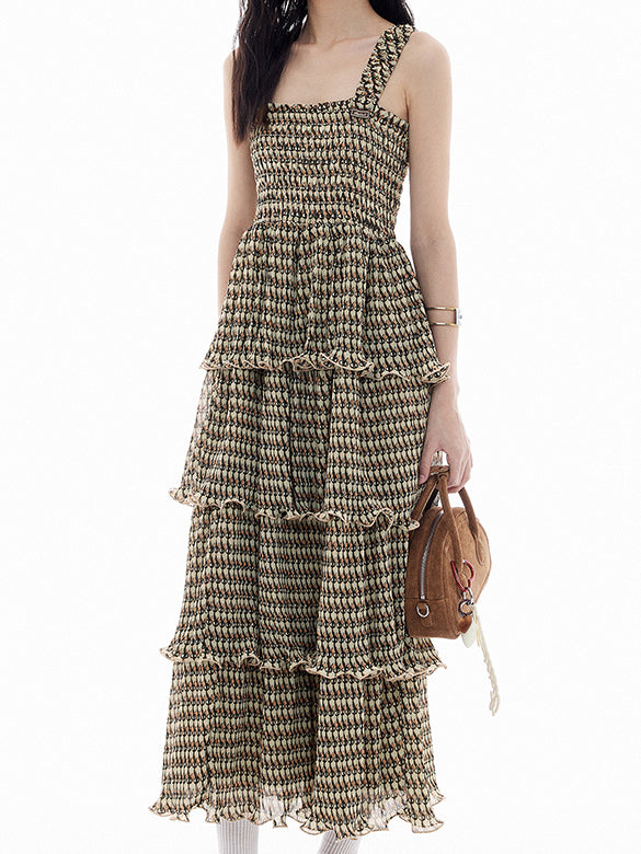 Cat Printed Tiered Chiffon Dress