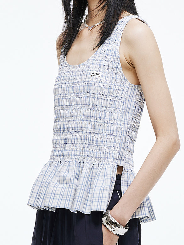 Plaid Gather Sleeveless Top