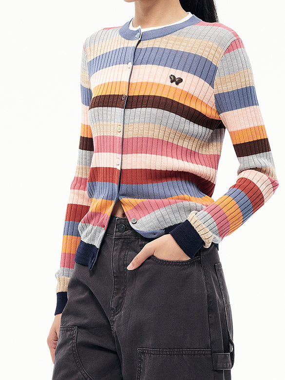 Retro Color Stripe Rib Knit Cardigan