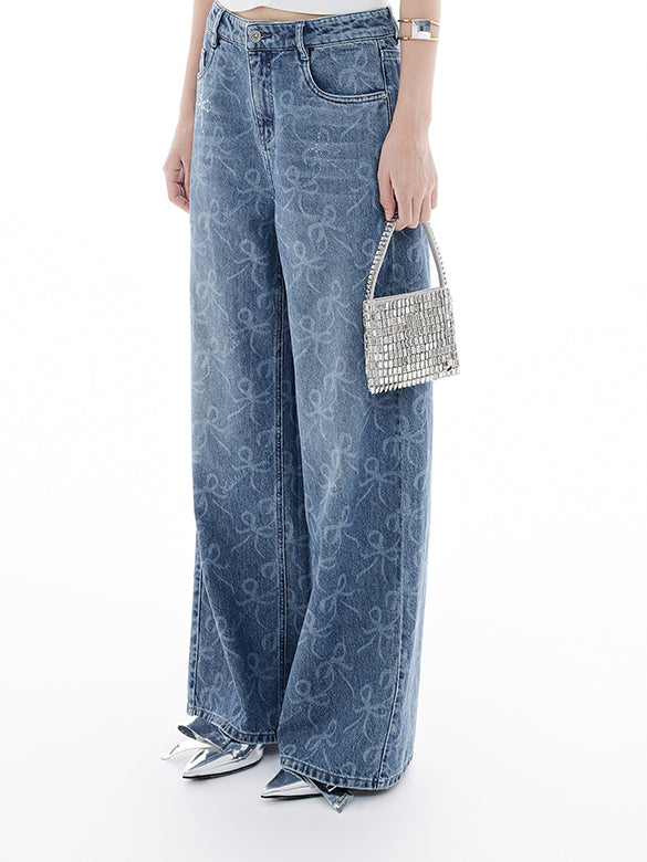 Ribbon Printed Denim Pants