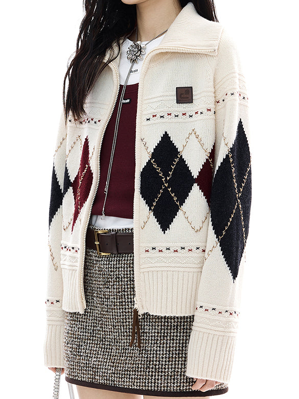 Argyle Zipper Knit Cardigan