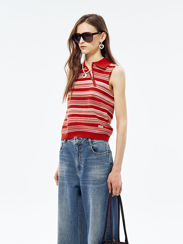 Random Pitch Stripe Sleeveless Zipper Knit