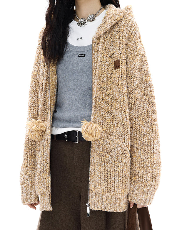 Pompon Knit Zipper Hoodie
