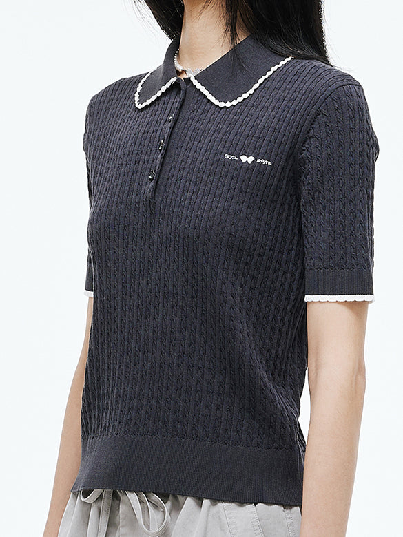 Frill Piping Polo Knit Top
