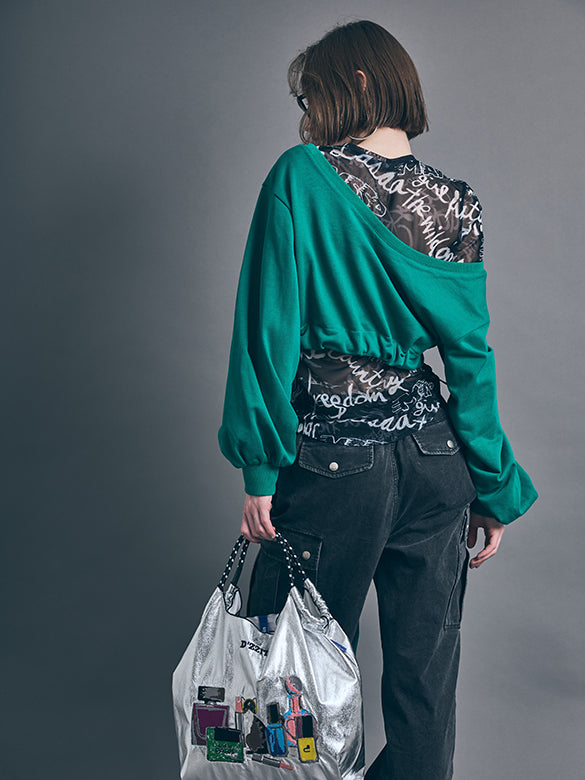 Balloon Sleeves Off-shoulder Ribbon Short Sweatshirt