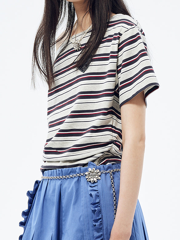 One-shoulder Design Stripe T-shirt
