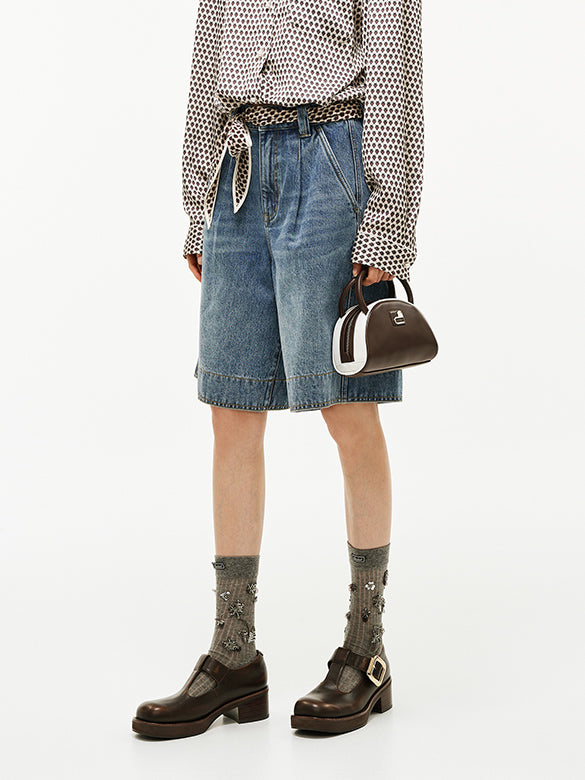 Scarf Belted Denim Half Pants