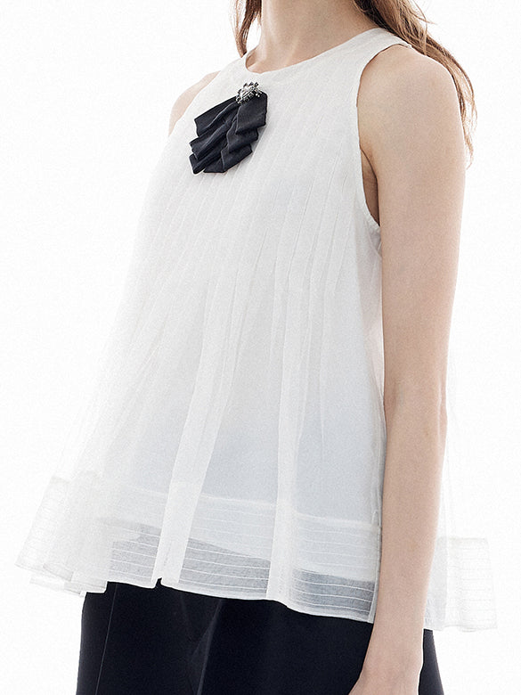 Ribbon Brooch Sheer Sleeveless Top