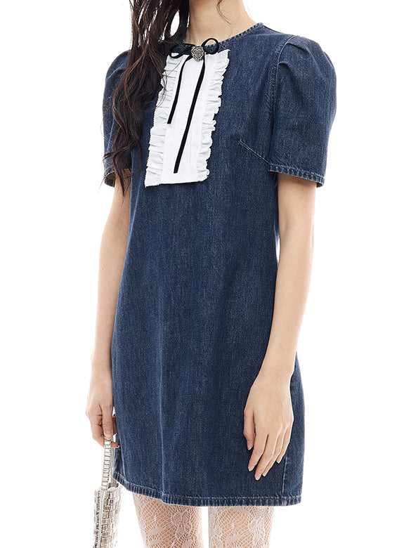 Frill Combination Denim Dress