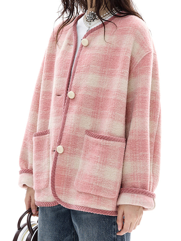 Piping Design Pink Plaid Coat