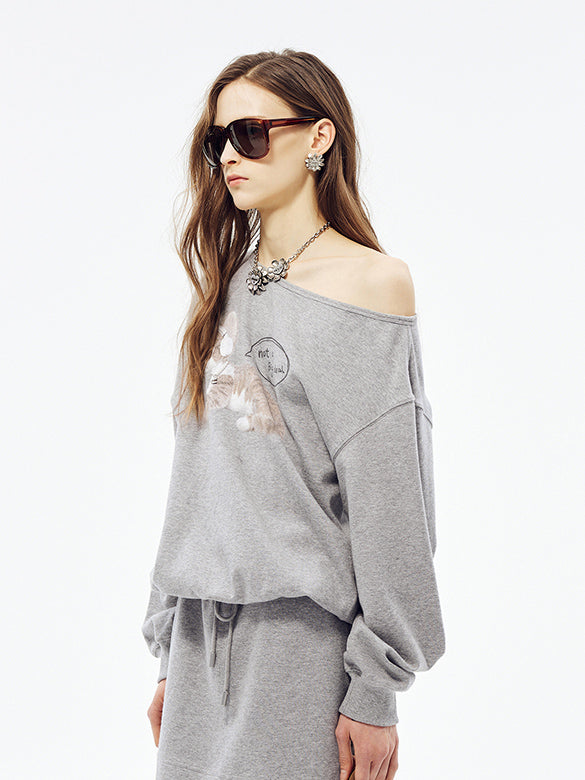 Cat Printed One-shoulder Sweatshirt