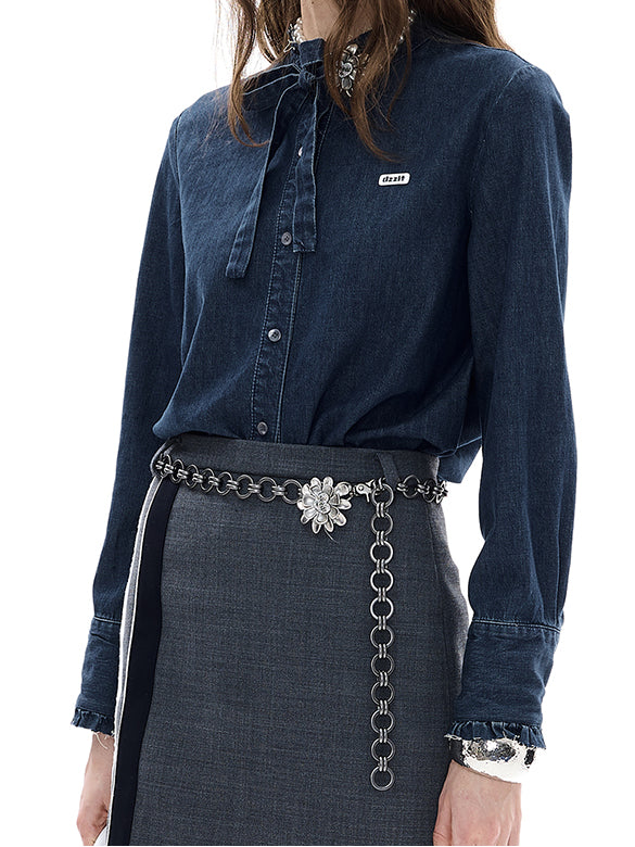 Frill-collar Bow-tie Denim Shirt