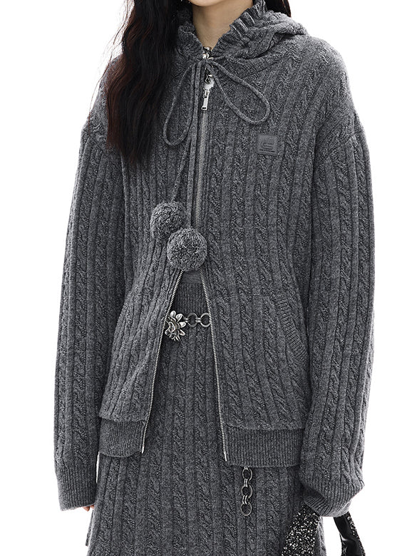 Pompon Design Knitting Zipper Hoodie