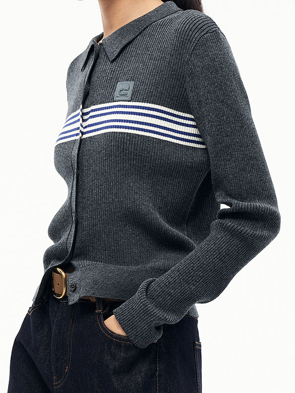 Line Design Retro Polo Knit Cardigan