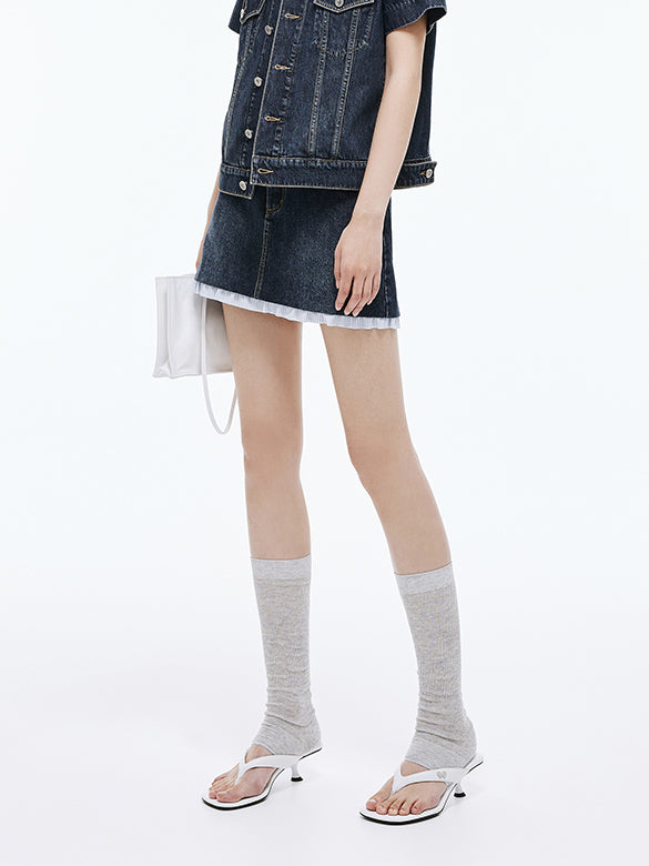 Stripe Frill Rigid Denim Skirt