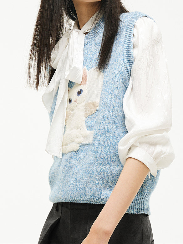 Cat Embroidery Sleeveless Knit