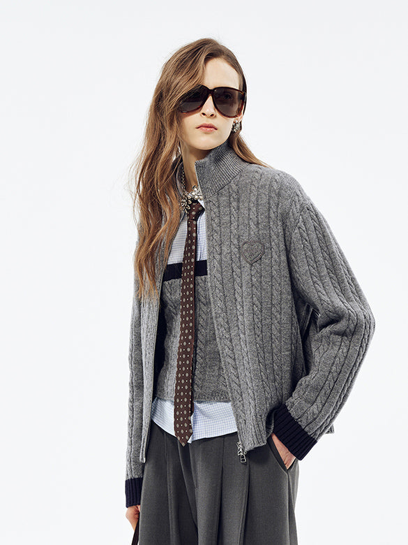 Bi-color Hem Zipper Knit Cardigan