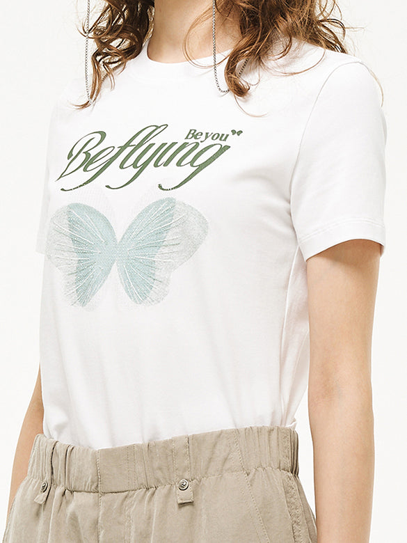 Butterfly Printed & Beads Compact T-shirt