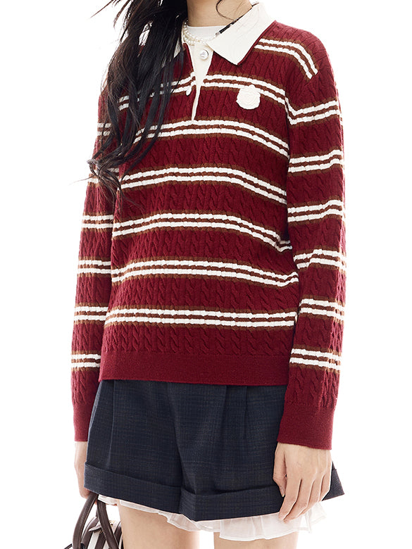 Retro Color Stripe Polo-Knit Top