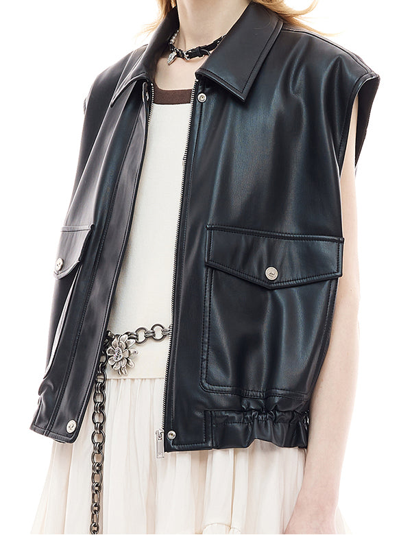 Fake Leather Sleeveless Blouson