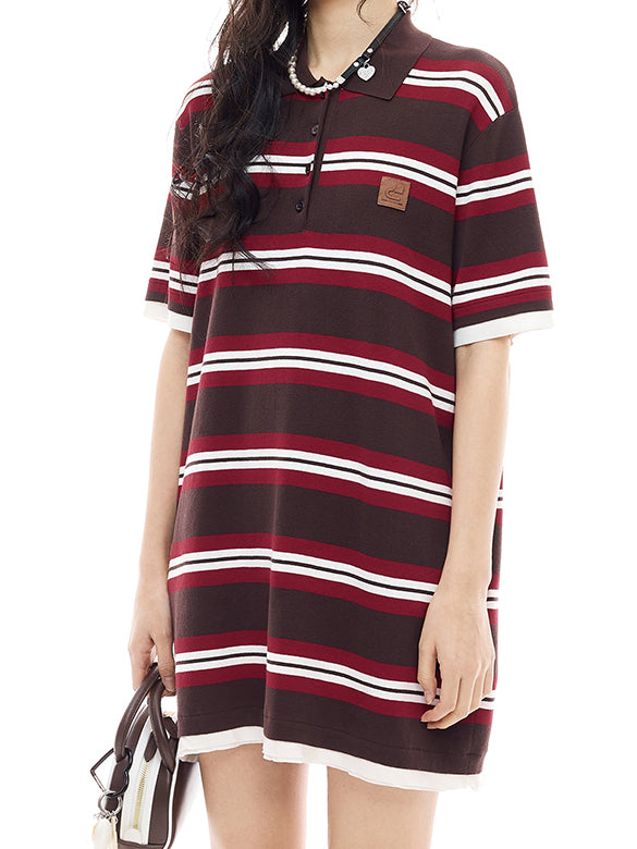 Retro-color Stripe Polo Knit Dress