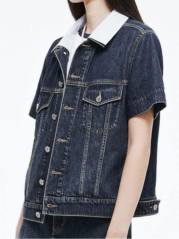 Stripe Collar Rigid Denim Jacket