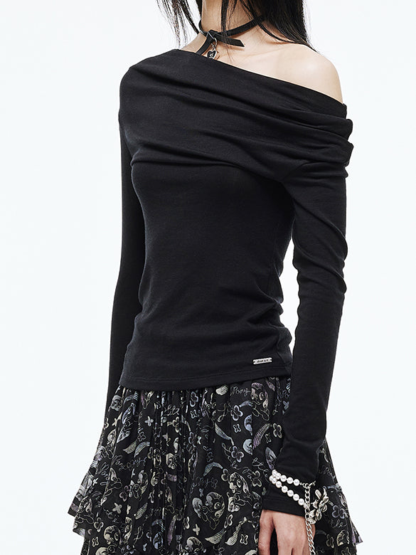 One-shoulder Gather Long Sleeves Top