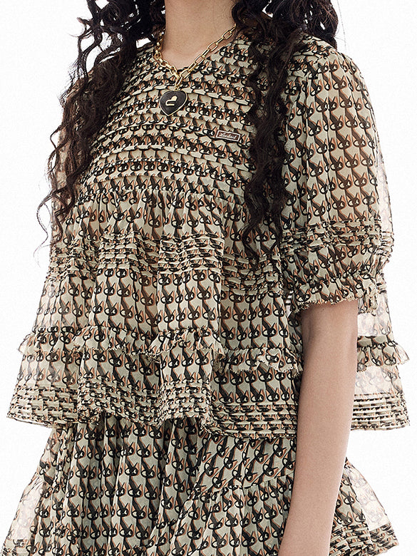 Cat Printed Chiffon Blouse