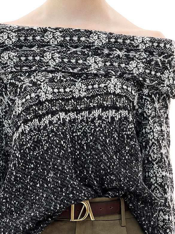 Off-shoulder Geometric Pattern Knit