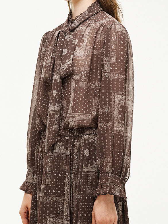 Geometric Printed Bow-tie Chiffon Blouse