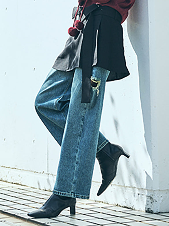 Side-damage Hook Waist Denim Pants