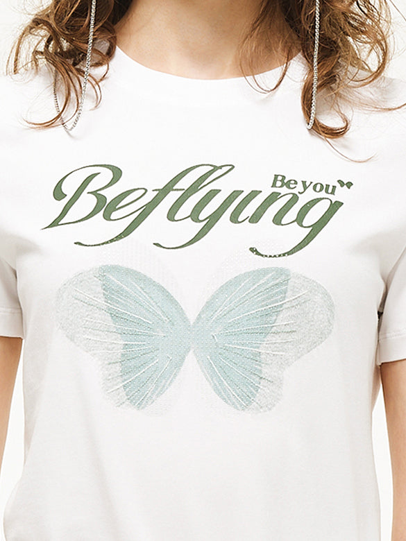Butterfly Printed & Beads Compact T-shirt