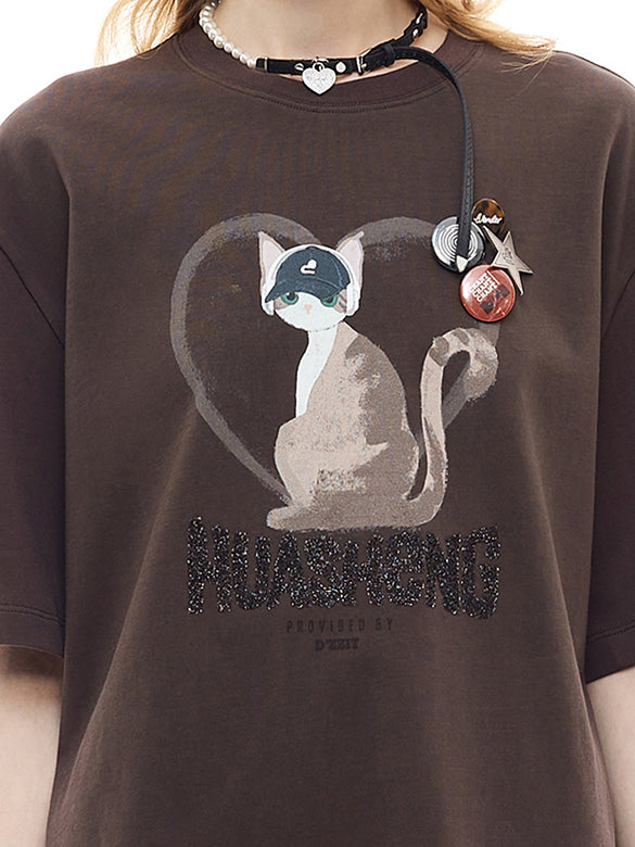 Cat Printed Badge T-shirt