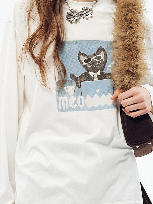 Cat Printed & Beads Long Sleeves T-shirt
