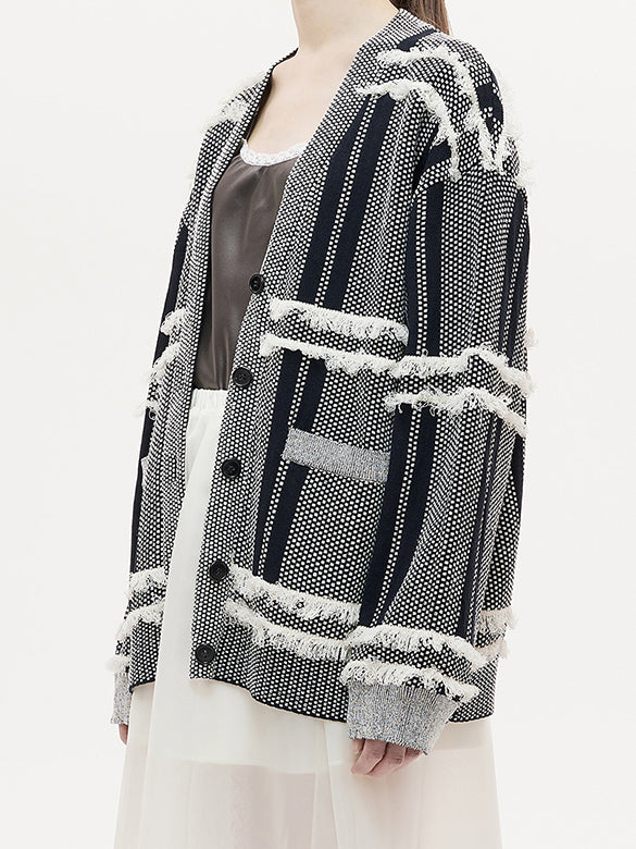 Design Pattern Fringe Knit Cardigan