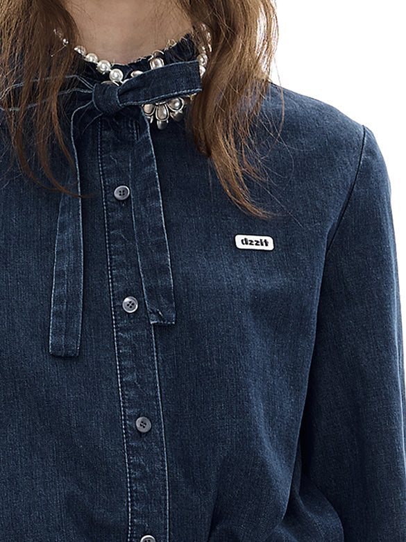 Frill-collar Bow-tie Denim Shirt