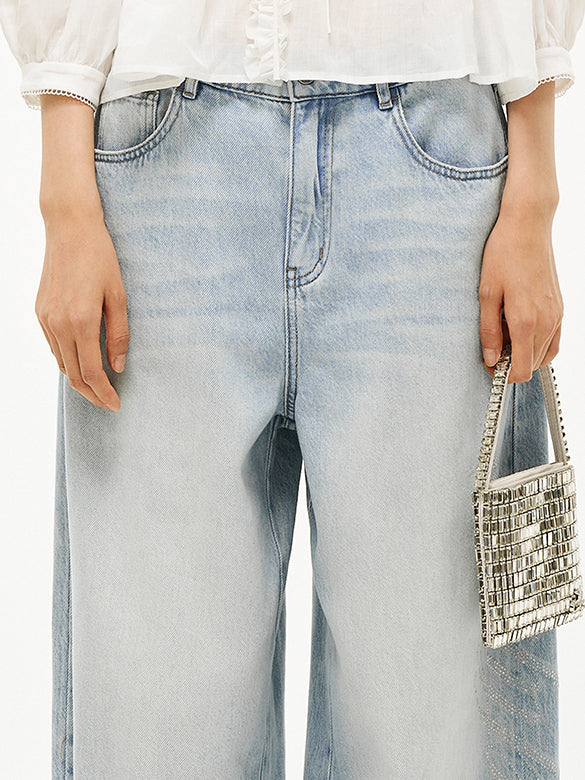 Butterfly Patch Clear Beads Denim Pants