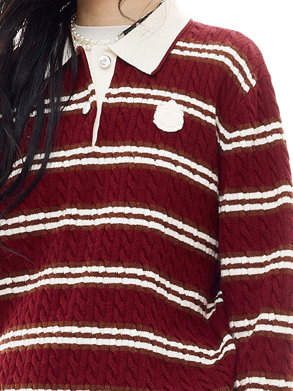 Retro Color Stripe Polo-Knit Top