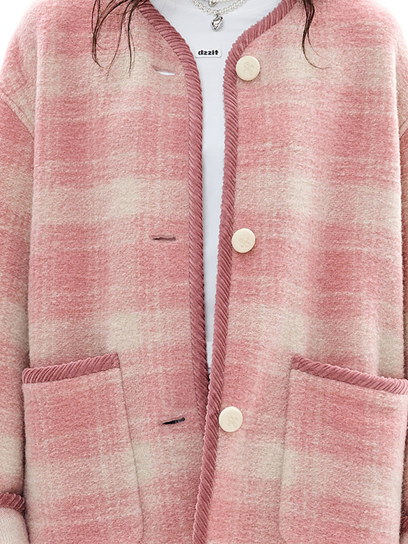 Piping Design Pink Plaid Coat