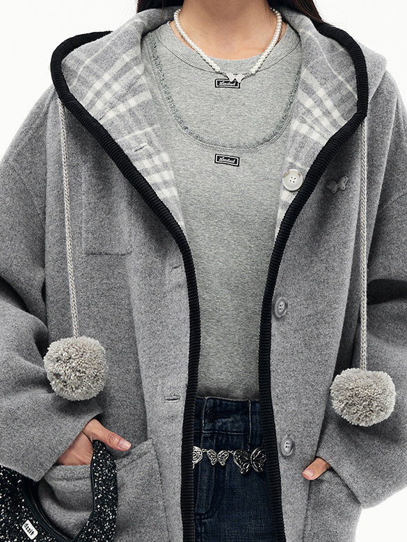Reversible Pompon Hoodie Outer