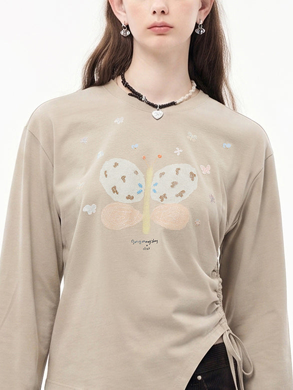 Butterfly Design Draw-code Long Sleeves T-shirt