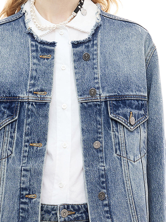 Clear Beads No-collar Denim Jacket