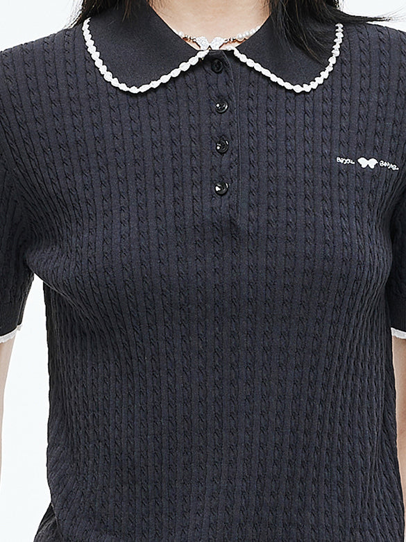 Frill Piping Polo Knit Top