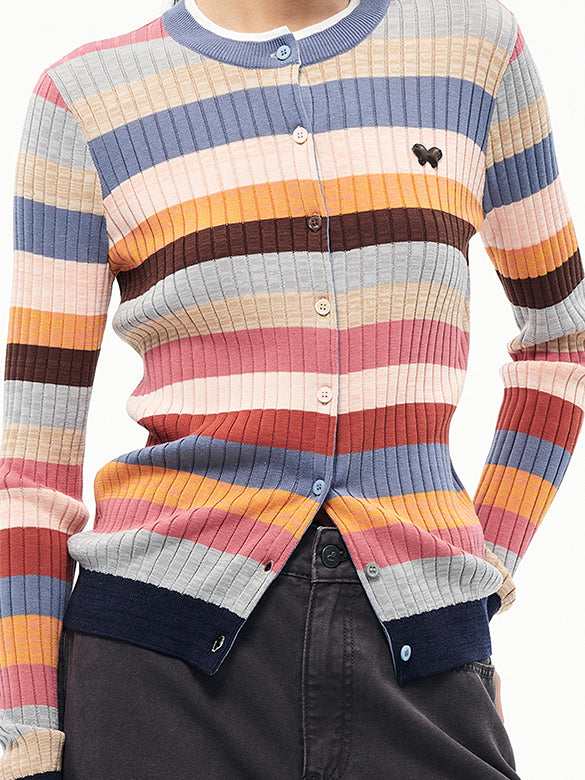 Retro Color Stripe Rib Knit Cardigan