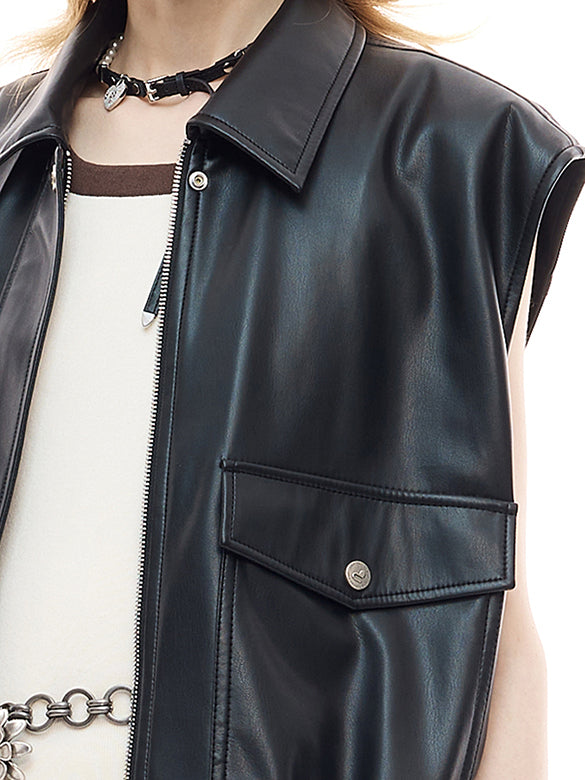 Fake Leather Sleeveless Blouson